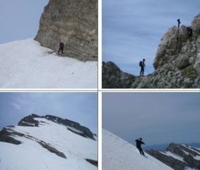 In senso orario:1)salita 2)Punta Woitila 3)Discesa dal P.Cefalone con ,sullo sfondo Cima Woitila 4)Discesa dal P.Cefalone