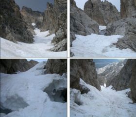 In senso orario1)dal basso 2)crepaccio da aggirare per roccette 3)dall'alto 4)ponte di neve