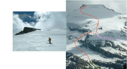 Il plateau finale dello Charbonel: in rosso il percorso di salita,in viola la variante di discesa