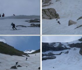 In senso orario 1)discesa dalla vetta centrale 2)e3)Rinaldinho e Puddu nel ripido canale variante centrale 4)Avezzanesi nel canale