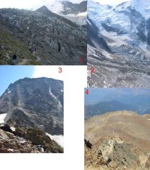 1-Il Glacier Bionnassay coi cantori arrivati in tram 2-Seraccate sotto la cima del Bianco da q.3162 3- Dal rif.Tete Rousse si vede il rif.du Gouter q.3817 4- Sentiero in discesa da Tete Rousse al Tram