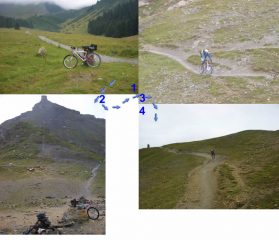1-sterrato sopra Nant Borrant 2-dal col du Bonhomme si vede il col des Fours sopra e il sentiero per la Croix 3-Claudio sale verso Croix du Bonhomme 4-Io scendo verso croix du Bonhomme: piove