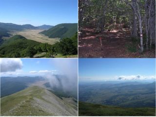 Dall'alto in senso orario: 1)Panorama sul Quaro di S. Chiara 2)Tratto iniziale nel bosco 3) Crinale in discesa 4)Versante EST del Porrara