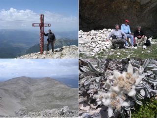 Dall'alto in senso orario: 1)Francesco in vetta a Monte Amaro 2)In Grotta Canosa con Pietro e Giuseppe 3) Vallone di Femmina Morta 4)Stella Alpina