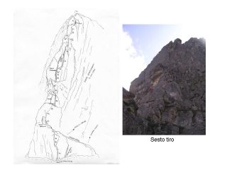 schizzo della via con gradi di difficoltà reali e immagine del sesto tiro