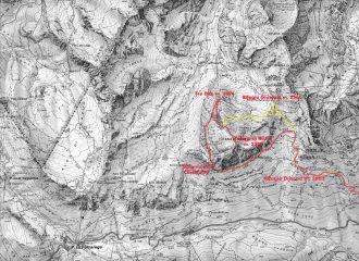 stralcio di cartina Tabacco scala 1:25000 con itinerario di salita e discesa (in rosso la via ferrata)  