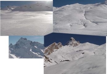 Prime curve su ottima neve dura, dalla strada per il colle a 2500 m verso la cima, il Monviso, l’innevamento dal parcheggio.