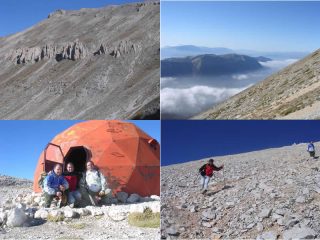 Dall'alto in senso orario: 1)Calanchi sul ripido del Fondo Valle Maiella2)Monte Morrone svetta dalla nebbia3)Free Ride alternativo sul ripido della direttissima 4) In vetta davanti al rifugio Pelino