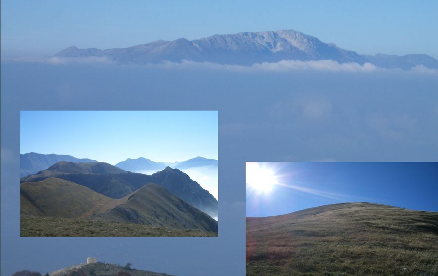 Nello sfondo:S.Pietro all'angolo inferiore sx,il Sirente in alto.Nei riquadri:il Cimerone a dx,il Mileto a sx