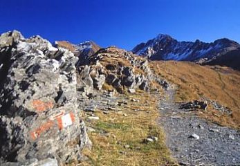Dal passo di Tartano il sentiero percorre il crinale verso il Cadelle visibile sullo sfondo.