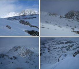 In senso orario:1)panoramica gita 2)canale 3)versante discesa da vetta 4)colletto del canale da vetta