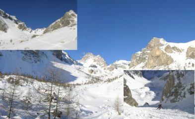 Foto grande: panorama dalla conca della Gorra con l'Oronaye e l'Autovallonasso, foto piccola in alto a sinistra: la parte finale del Vallonetto, foto piccola a destra: Paolo scende dal colletto
