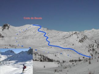 Foto grande: Crete de Baude vista dalla Crete de l'Echaillon (P.L. Salza), foto piccola: discesa con la Grand Area sullo sfondo