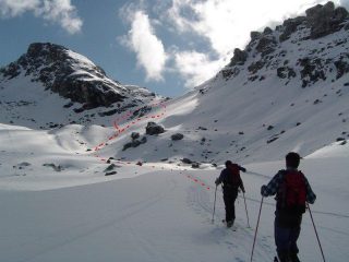 il punto dove si lascia la pista di sci con le due possibilità di salita