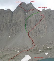 Percorso di salita (in rosso) e variante di discesa (in verde)
