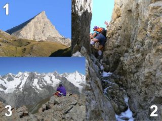 1) L'Aig. de Bonalè 2)Panorama dalla cima 3)Il canalino in discesa