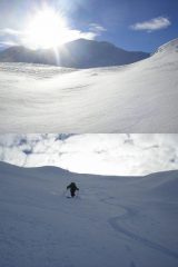 1 davanti a noi sole, neve e l'oscuro pendio nord della Tete de Fer 2 Piero pennella sotto la punta