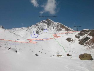 Il tracciato di salita e la discesa del pendio sotto C.ma Sternai sud