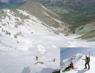Nella foto grande: il vallone di salita dai bacini del Chisonetto visti dalla cresta. Nelle foto piccola la cresta finale