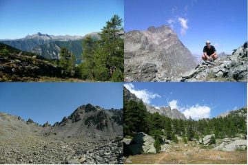 da sx in senso orario: il pelvo salendo nel vallone giargiatte - il viso dalla p.ta trento, la sud e la cresta est contro il cielo - il vallone del duc - la p.ta trento da poco prima del passo s.chiaf