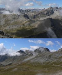  in alto, verso ovest, dalla vetta; sotto, vallone della Tra versiera.