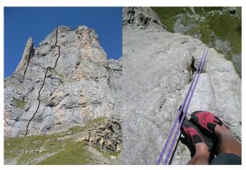 la parete con il tracciato della via; lungo le doppie, tiro dei tetti