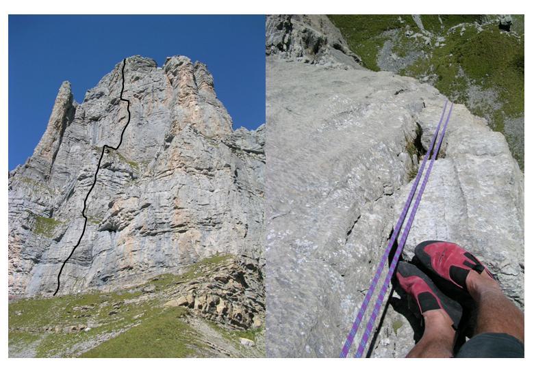 la parete con il tracciato della via; lungo le doppie, tiro dei tetti