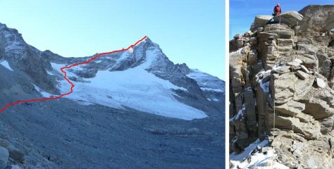 A sinistra l'itinerario della normale; a destra il salto roccioso.