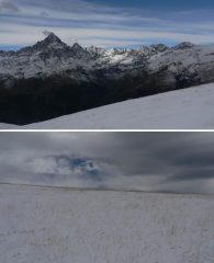 sopra: Viso innevato; sotto: salendo sulle praterie con la prima neve.