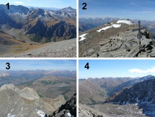 1. versante di salita; 2. vetta; 3. vista sull'alta val susa; 4. vista sulla valle argentera