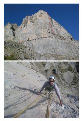 la parete con il tracciato della via, in nero il percorso di accesso; il meraviglioso ultimo tiro.