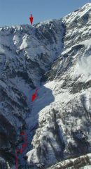 L'itinerario di discesa. Pallini grossi: i salti da aggirare.