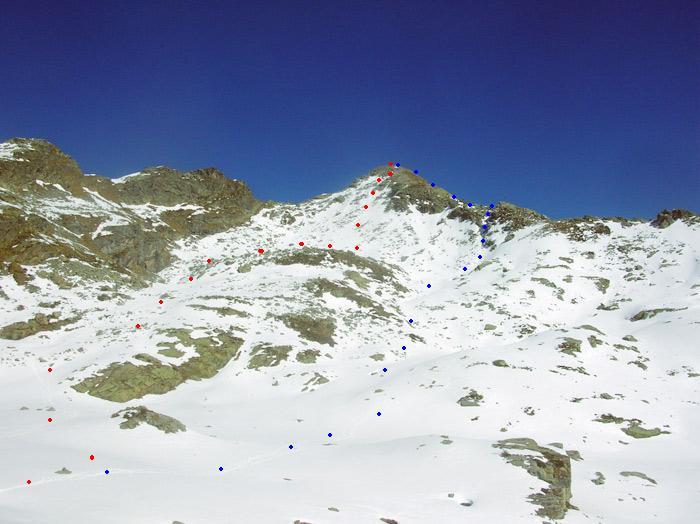 Pendio Ovest: in rosso la salita in blu la discesa (foto F.R. Salandin)