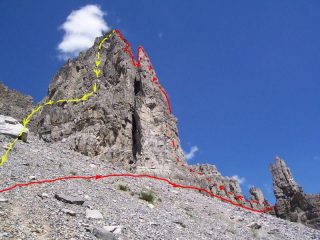 la via di salita (rosso) e di discesa (giallo)