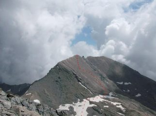 Il Salza visto dal Mongioia; evidenziata la via di accesso alla vetta