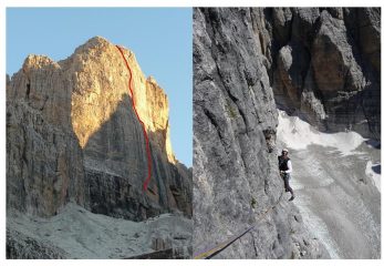 La parete con il tracciato della via; l'uscita del quinto tiro