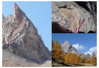 La torre con la via di salita; il sesto tiro, vuoto assoluto sotto i piedi; i colori dell'autunno in Alta Clarèe