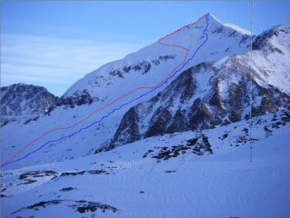 Itinerario di salita (rosso) e discesa (blu)