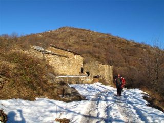 Il casolare ristrutturato con fontana dove si lascia la strada e dietro il monte da risalire verso sinistra