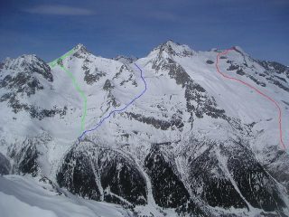 rosso piz Pesciora - blu passo di Rotondo - verde Chuebodenhorn
