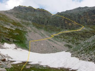 Percorso della salita in vetta dal vallone della Camosciera attraverso il canalino (tratteggiato) ed il percorso sotto cresta dal colle (idem)