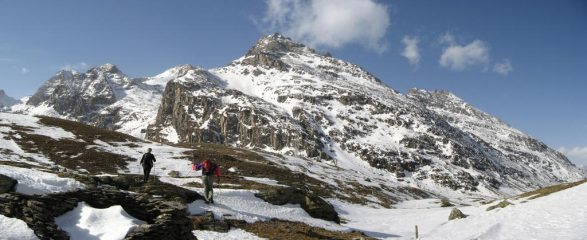 avanguardia degli Evergreen al colle.Sullo sfondo i 3 denti d'Ambin