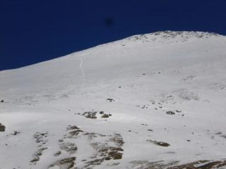 Pendio sommitale solcato dalla nostra traccia di discesa diretta, mentre a salire abbiamo raggiunto con larghi zig-zag il crestone a sx. 