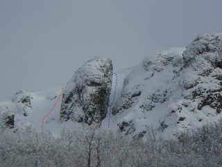 in rosso: canale -1- in blu: goulotte risalita