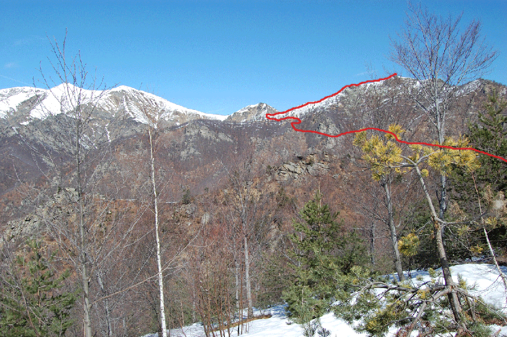 il tracciato di salita dalla deviazione della falesia del crò