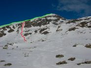 itinerario di salita (verde) e discesa (rosso)