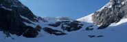 Il vallone di salita con le due alternative: il canale (sx) oppure il cengione (centro)