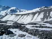 La morena sin. or. del Ghiacciaio dell'Invergnan. Sullo sfondo la Becca Giasson