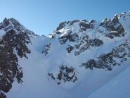 in rosso la normale del versante nord, in verde canale nord est