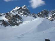 Il panorama si apre e la neve aumenta nettamente dai piani della Rossa